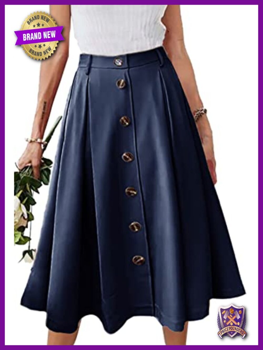 Pleated A-line Midi Skirt Elastic Waist Button Front Flared Long Skirt with